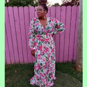 Women's Plus Size Bohemian Floral Long Sleeve Maxi Wrap Dress